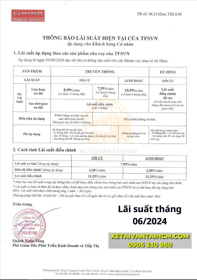 Lãi suất mua xe Hino trả góp dành cho khách hàng cá nhân