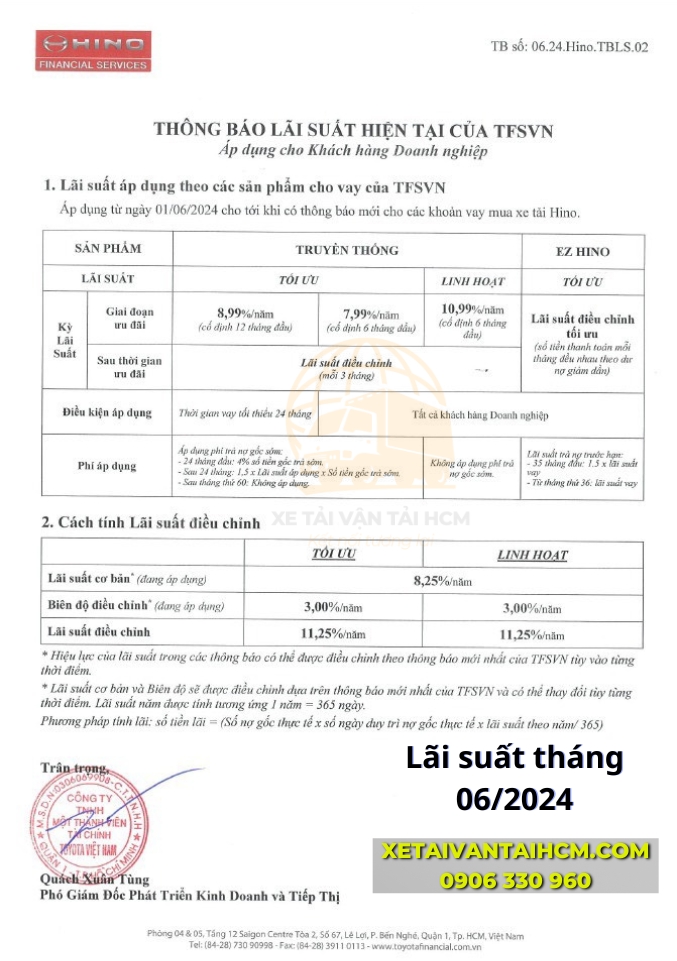 Lãi suất mua xe Hino trả góp dành cho khách hàng doanh nghiệp