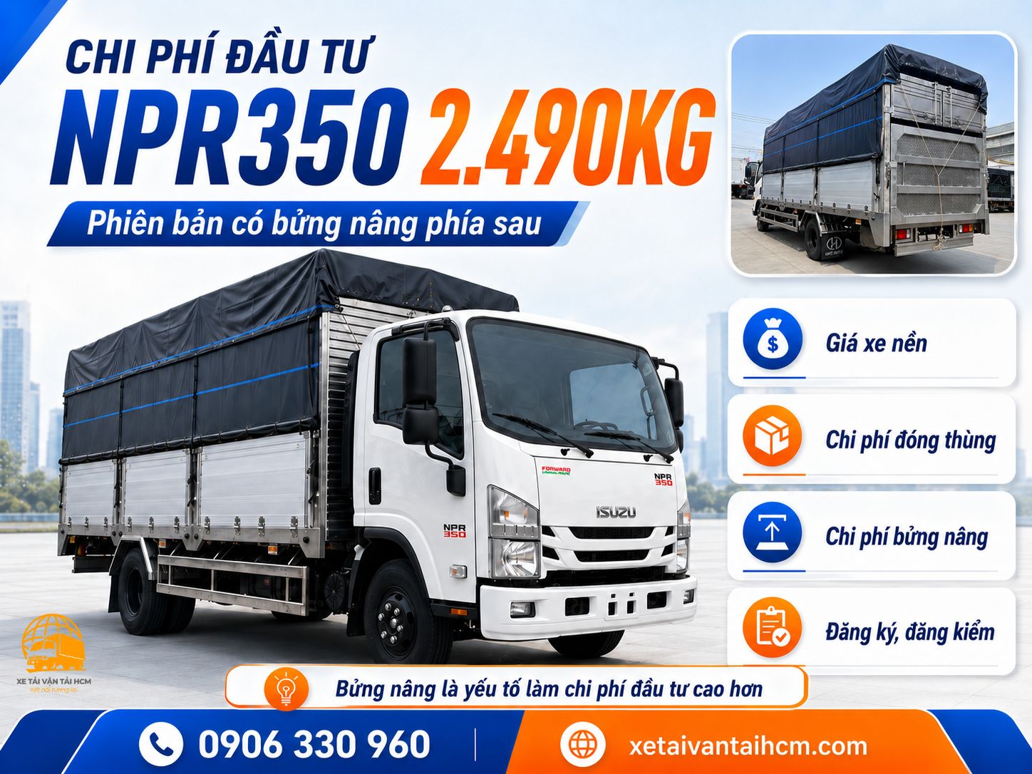 Xe tải Isuzu NPR 350 2.490kg có bửng nâng phía sau