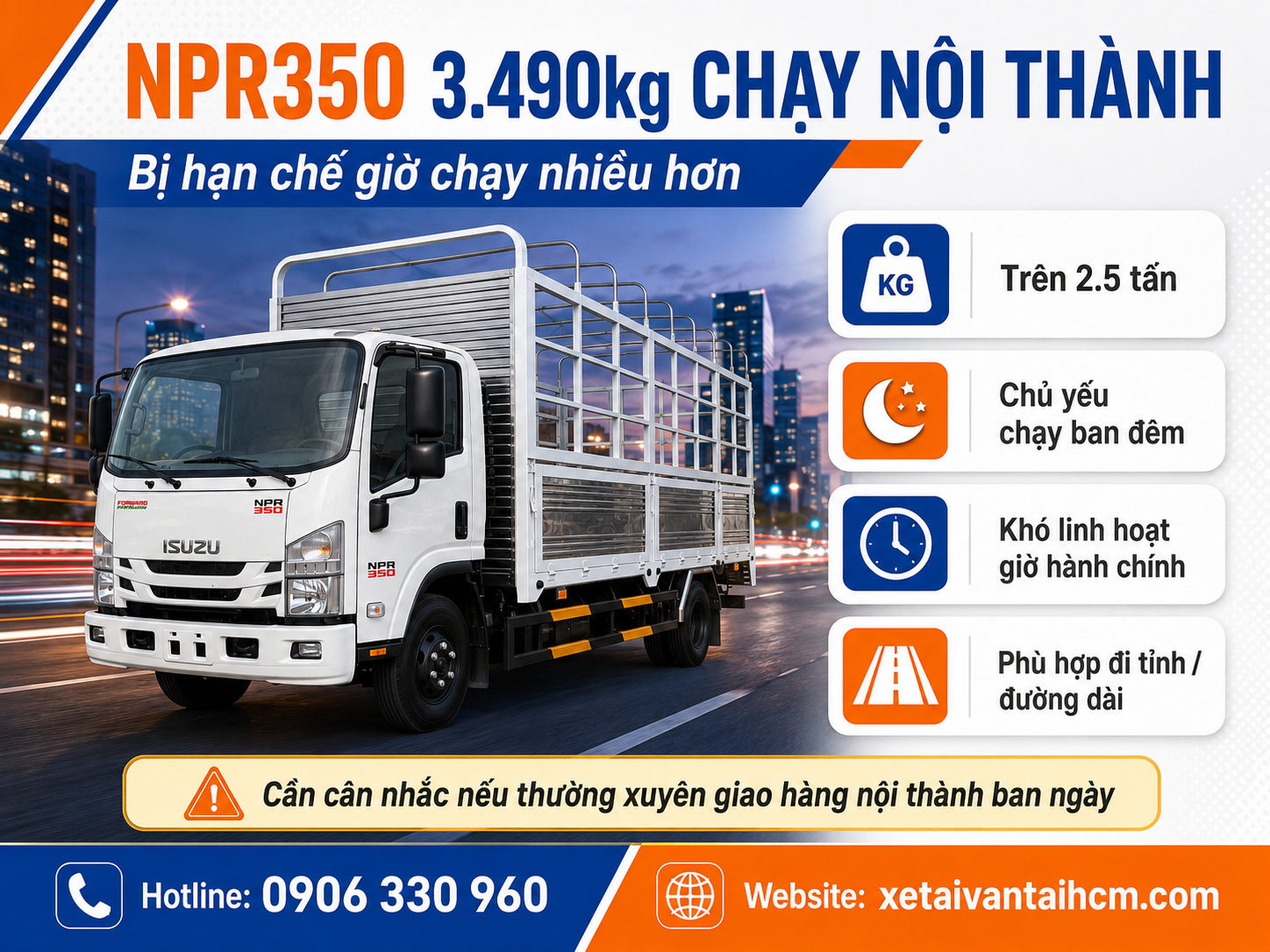 Xe Isuzu NPR350 3.490kg chạy nội thành ban đêm